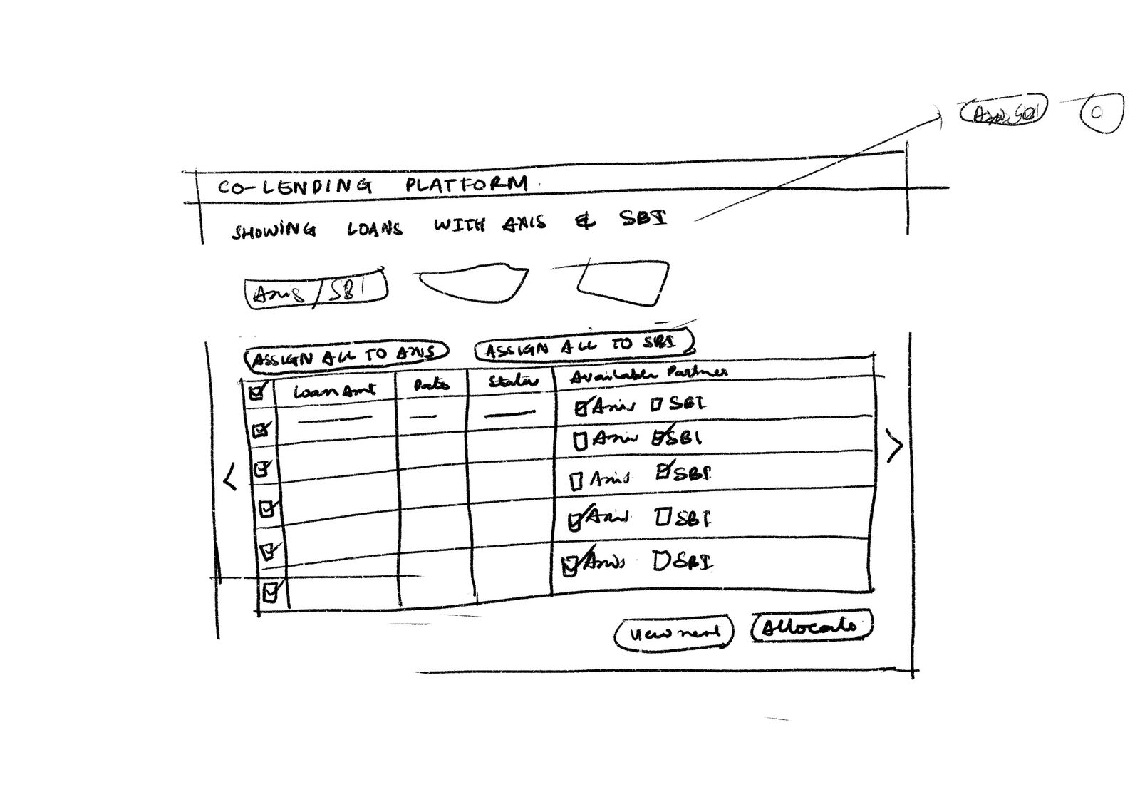 Sketch: loan table with per-loan partner checkboxes