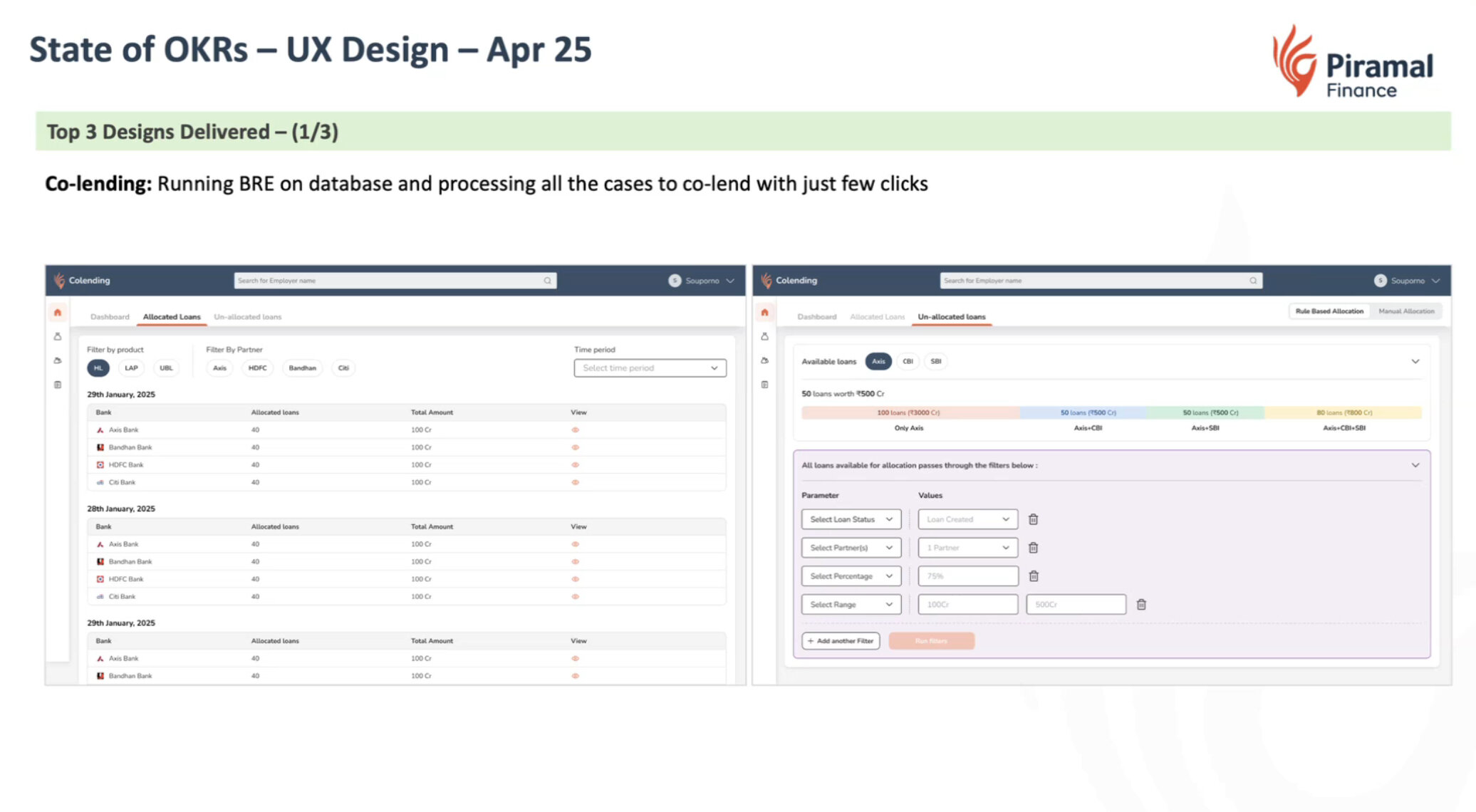 Townhall slide: State of OKRs, UX Design, Top 3 Designs Delivered, Co-lending